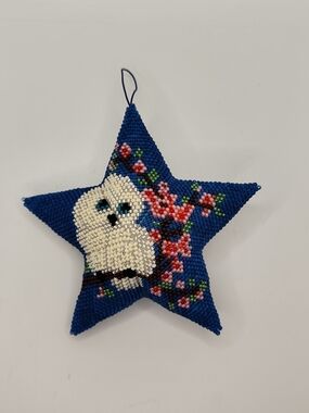 Handcrafted Beaded Blue Star Owl Holiday Ornament